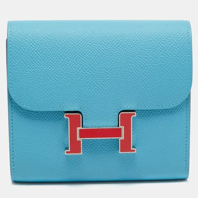 Pre-owned Hermes Constance Passant Bleu Du Nord/rouge Epsom Leather Compact Wallet In Blue