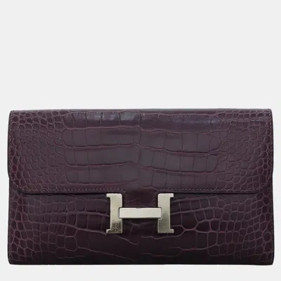 Pre-owned Hermes Constance Purple Alligator Leather Wallet