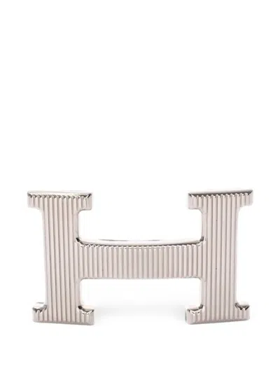 Pre-owned Hermes Constance Ribbed Belt Buckle In Silver