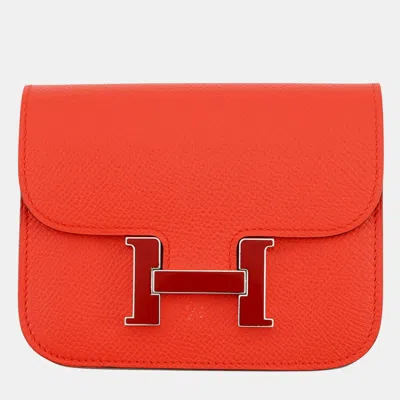 Pre-owned Hermes Constance Slim Capucines Epsom Calfskin Leather Wallet In Red