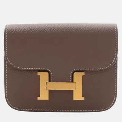 Pre-owned Hermes Constance Slim Etoupe Epsom Calfskin Leather Wallet In Sand