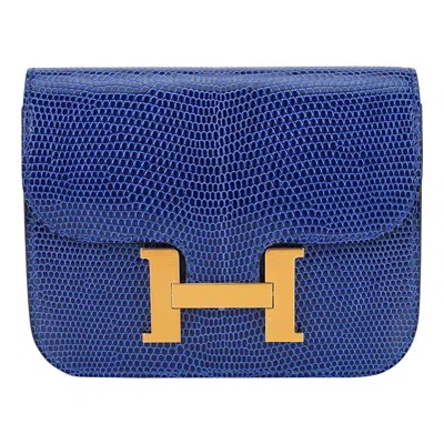 Pre-owned Hermes Constance Slim Wallet Belt Blue Sapphire Lizard Bag Gold Hardware