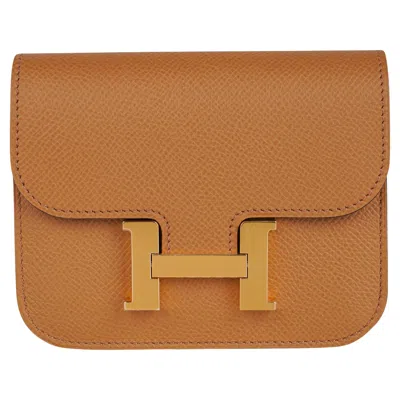 Pre-owned Hermes Constance Slim Wallet Waist Belt Bag Biscuit Gold Hardware In Brown