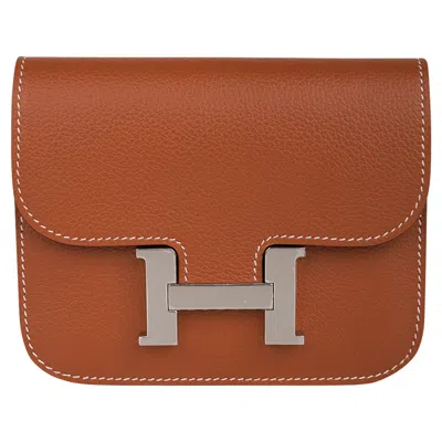 Pre-owned Hermes Constance Slim Wallet Waist Belt Bag Gold Evercolor Palladium Hardware In Brown