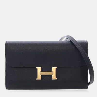 Pre-owned Hermes Constance To Go Black Epsom Calfskin Leather Wallet On Chain