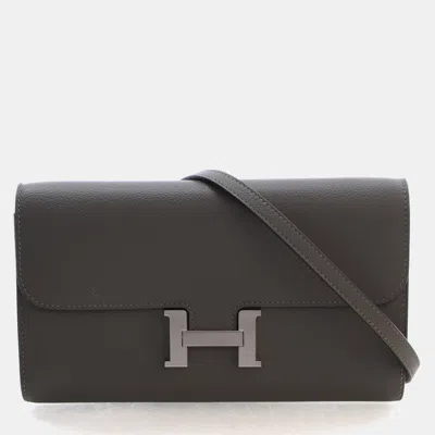Pre-owned Hermes Constance To Go Wallet Gris Etain Epsom Calfskin Leather Shoulder Bag In Gray