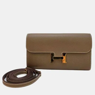 Pre-owned Hermes Constance To Go Wallet In Epsom Etoupe Color Gold Hardware In Gray