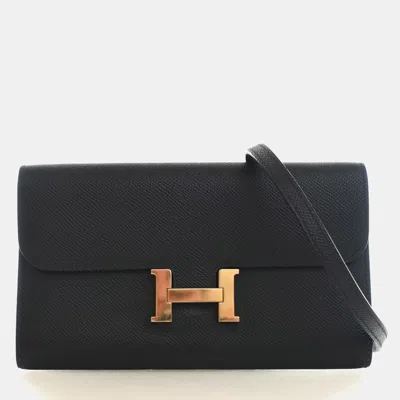 Pre-owned Hermes Constance To Go Wallet Noir Epsom Calfskin Leather Shoulder Bag In Black