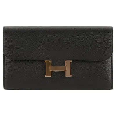 Pre-owned Hermes Constance Wallet Black Epsom Leather Rose Gold Hardware In Red