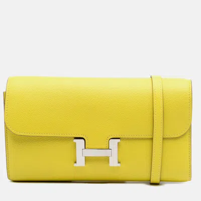 Pre-owned Hermes Constance Wallet To Go Evercolor Leather Clutch Bag In Yellow