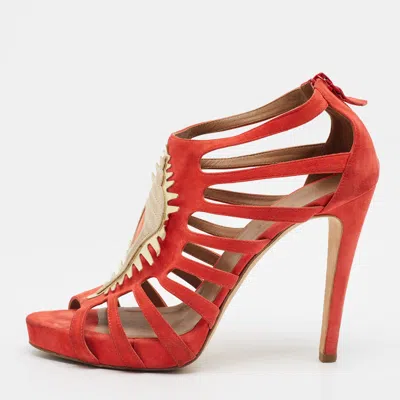 Pre-owned Hermes Coquillage Size 41 Coral Red Suede Caged Ankle Booties