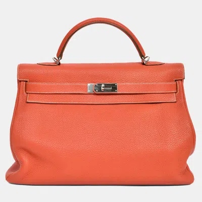 Pre-owned Hermes Coral Clemence Leather Kelly 40 With Strap In Orange