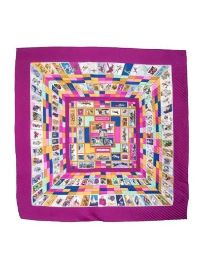 Pre-owned Hermes Correspondance Silk Plissé Scarf In Purple