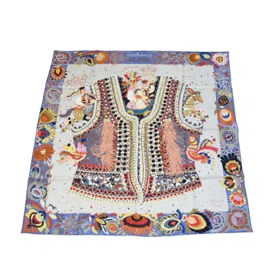 Pre-owned Hermes Costume De Fete 90 Silk Square Scarf White Light Blue