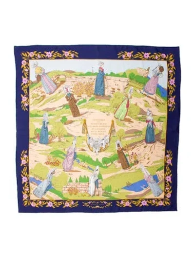 Pre-owned Hermes Costumes Des Departments De La Seine Inferieure Du Calvados De La Manche Et De L'orne Silk Scarf In Blue