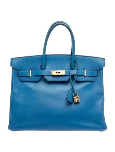 Pre-owned Hermes Courchevel Birkin 35 In Blue