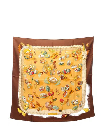 Pre-owned Hermes Couvee D'  Silk Scarf In Yellow
