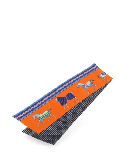 Pre-owned Hermes Couvertures Et Tenues De Jour A Carreaux Maxi Twilly Scarf In Orange
