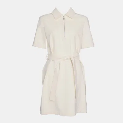 Pre-owned Hermes Cream Collared Mod Belted Dress Fr 38 In White