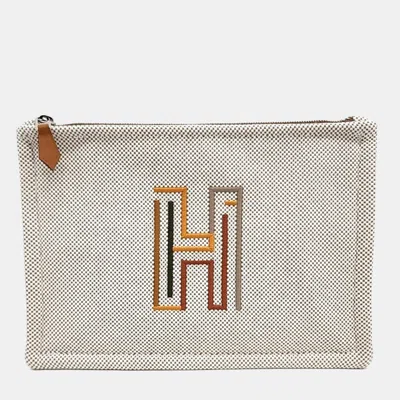 Pre-owned Hermes Cream Fabric Labyrinth Case Small In White