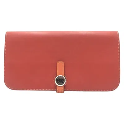 Pre-owned Hermes Crevette Red Color Sanguine Leather Long Wallet (bi-fold) ()