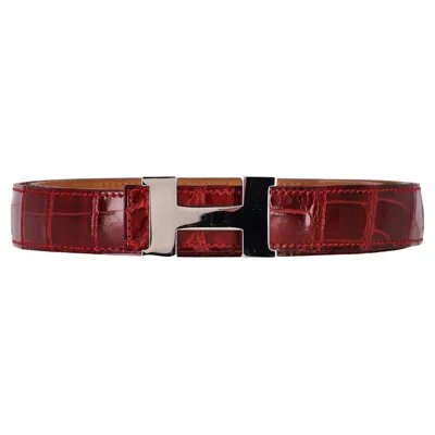 Pre-owned Hermes Crocodile Porosus Palladium Plated 'h' Buckle Belt In Brown
