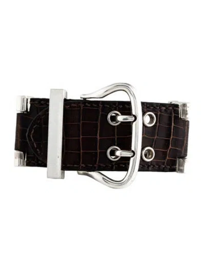 Pre-owned Hermes Crocodile Sellier Bracelet, 7.25" In Brown
