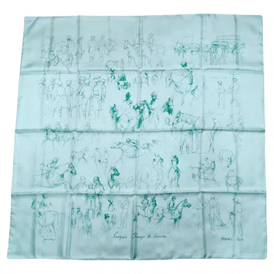 Pre-owned Hermes "croquis Champs De Courses" 90 Cm Mint Equestrian Print Silk Scarf In Blue