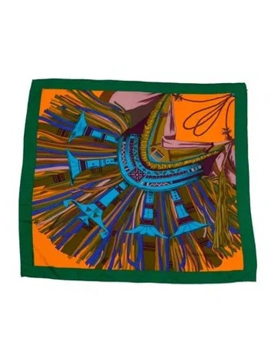 Pre-owned Hermes Cuirs Du Desert (detail) Silk Shawl In Green