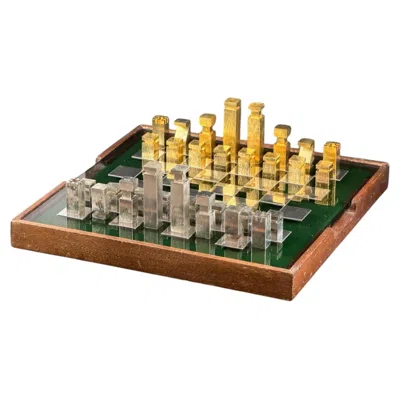 Pre-owned Hermes Custom Metal Chess Set In The Style Of Hermès, Glass Board With Storage Box, 31 In Brown