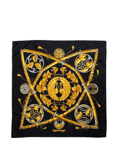 Pre-owned Hermes Daïmyo Princes Du Soleil Levant Patterned Scarf In Black