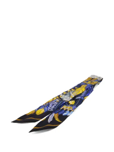 Pre-owned Hermes Danse Pacifique Twilly Feather-print Scarf In Blue