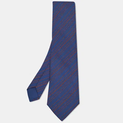 Pre-owned Hermes Hermès Dark Blue/orange Diagonal Striped Silk Tie