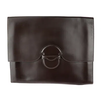 Pre-owned Hermes Dark Brown Box Calf Leather Clutch Bag Handbag ()
