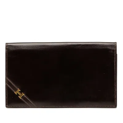 Pre-owned Hermes Dark Brown Box Calf Leather Long Wallet (bi-fold) ()