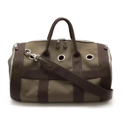 Pre-owned Hermes Dark Brown Khaki Canvas Leather Boston Bag Shoulder Bag ()