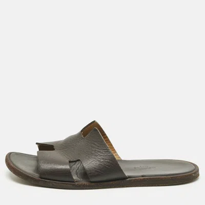 Pre-owned Hermes Dark Brown Leather Izmir Flat Slide Sandals Size 40