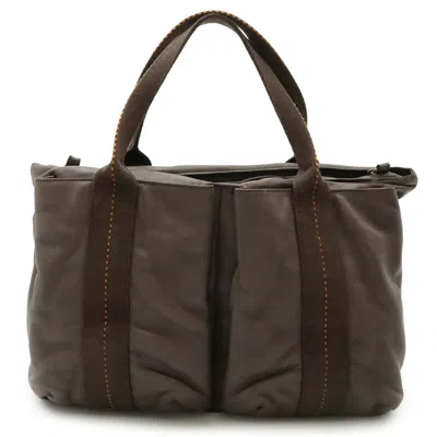 Pre-owned Hermes Dark Brown Orange Veau Derma Tote Bag ()