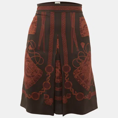 Pre-owned Hermes Dark Brown Printed Silk Pleat Detail Mini Skirt M