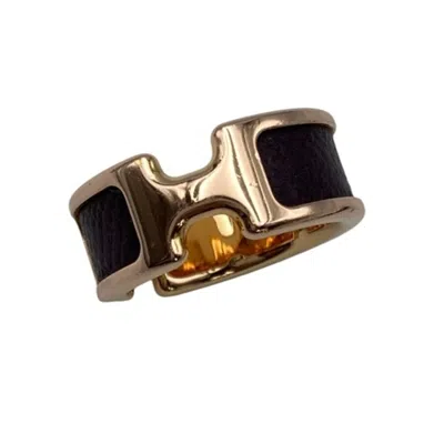 Pre-owned Hermes Dark Brown Yellow Leather Metal Band Ring () In Dark Brown, Yellow