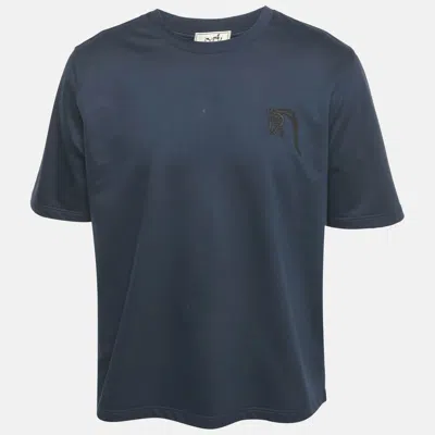 Pre-owned Hermes Hermès Dark Teal Blue Cotton Horse Applique Detail Crew Neck T-shirt L