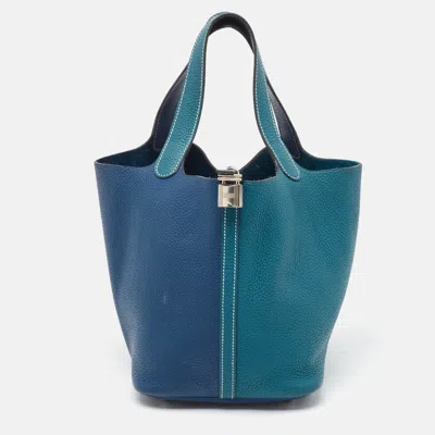Pre-owned Hermes Hermès Deep Bleu/vert Bosphore Taurillon Clemence Leather Picotin Lock 22 Bag In Blue