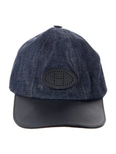 Pre-owned Hermes Denim & Swift Sevres Evelyne Baseball Cap In Blue