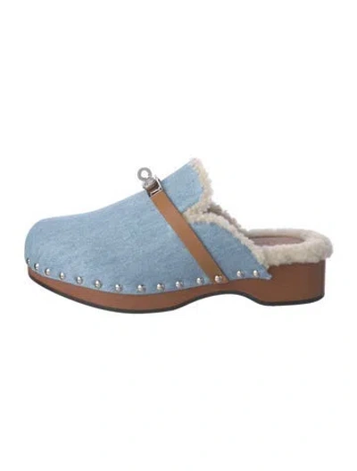 Pre-owned Hermes Denim Colorblock Pattern Mules In Blue