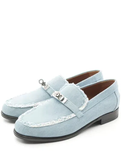 Pre-owned Hermes Destan Frayed-edge Denim Loafers In Blue