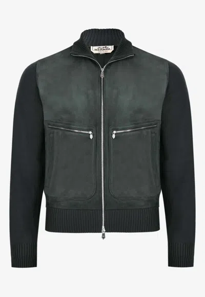Hermes "devant Cuir" Bomber Jacket In Wool And Goatskin In Green