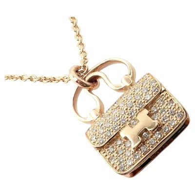 Pre-owned Hermes Diamond Constance Amulette Rose Gold Pendant Necklace In Red