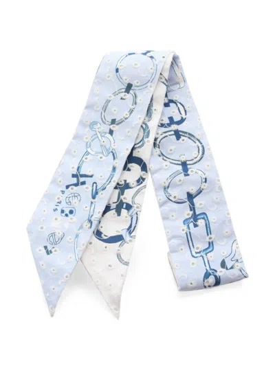 Pre-owned Hermes Do Re Boucles Broderie Anglaise Ribbon Scarf In Blue