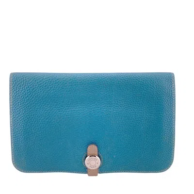 Pre-owned Hermes Dogon Beige Blue Togo Leather Long Wallet (bi-fold) () In Beige, Blue