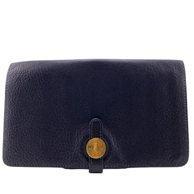 Pre-owned Hermes Dogon Black Leather Long Wallet (bi-fold) ()